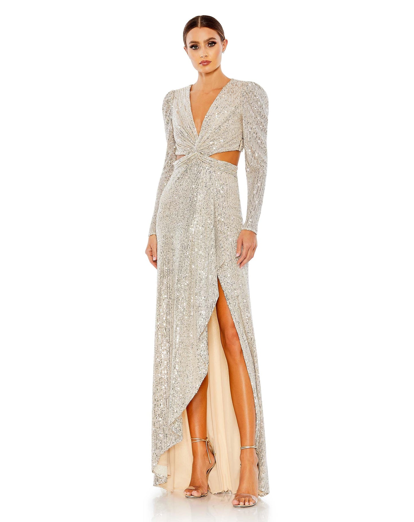 Sequined Criss Cross Long Sleeve Gown