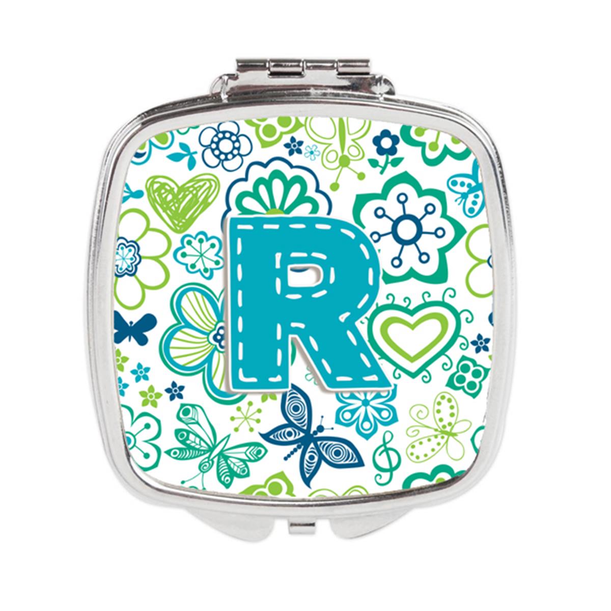 Carolines Treasures CJ2006-RSCM Letter R Flowers & Butterflies Teal Blue Compact Mirror