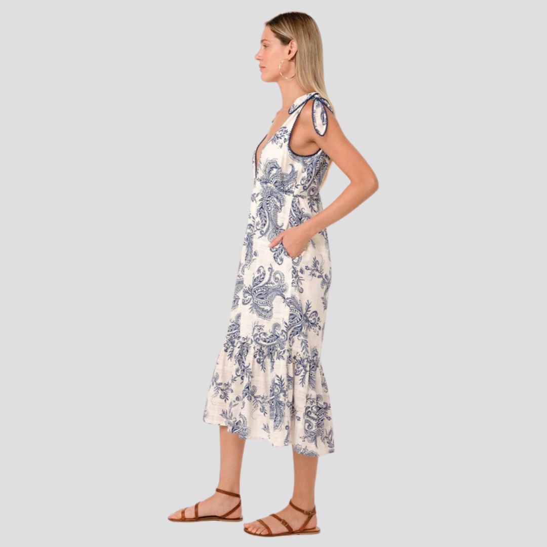 Cosette Tie Shoulder Midi Dress (White + Navy)