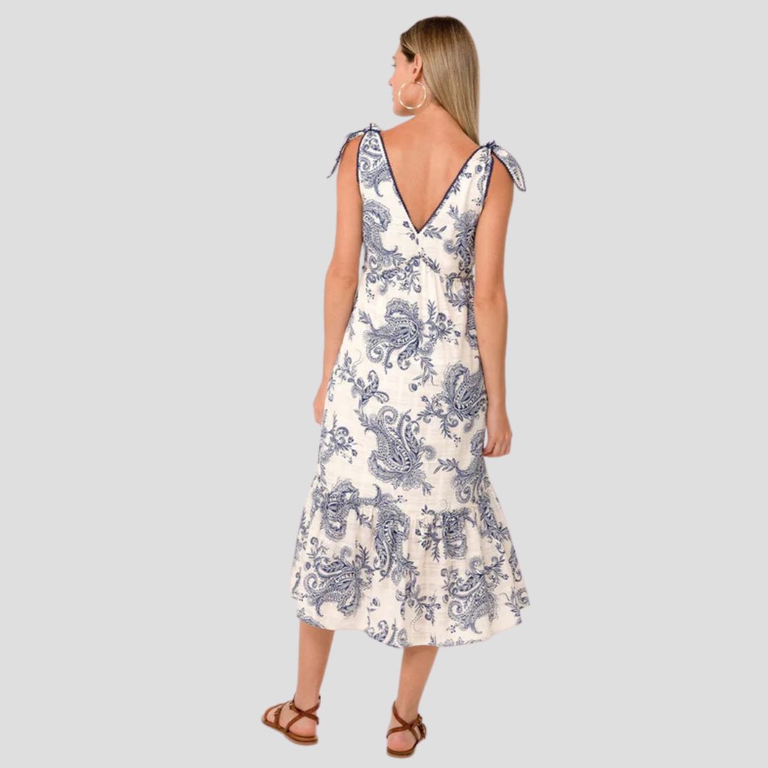 Cosette Tie Shoulder Midi Dress (White + Navy)