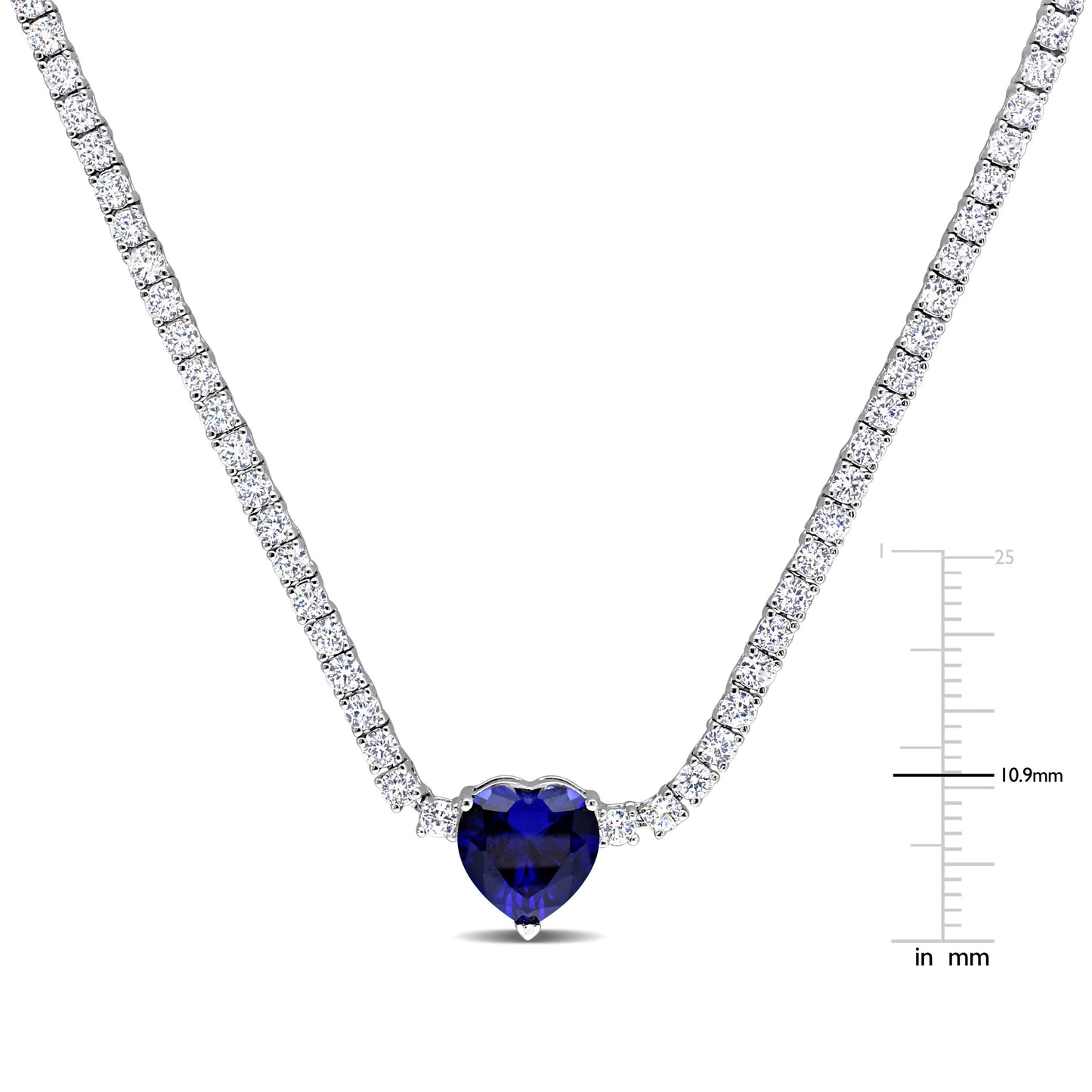 18 CT TGW Heart Shaped Created Blue Sapphire and Created White Sapphire Tennis Necklace in Sterling Silver