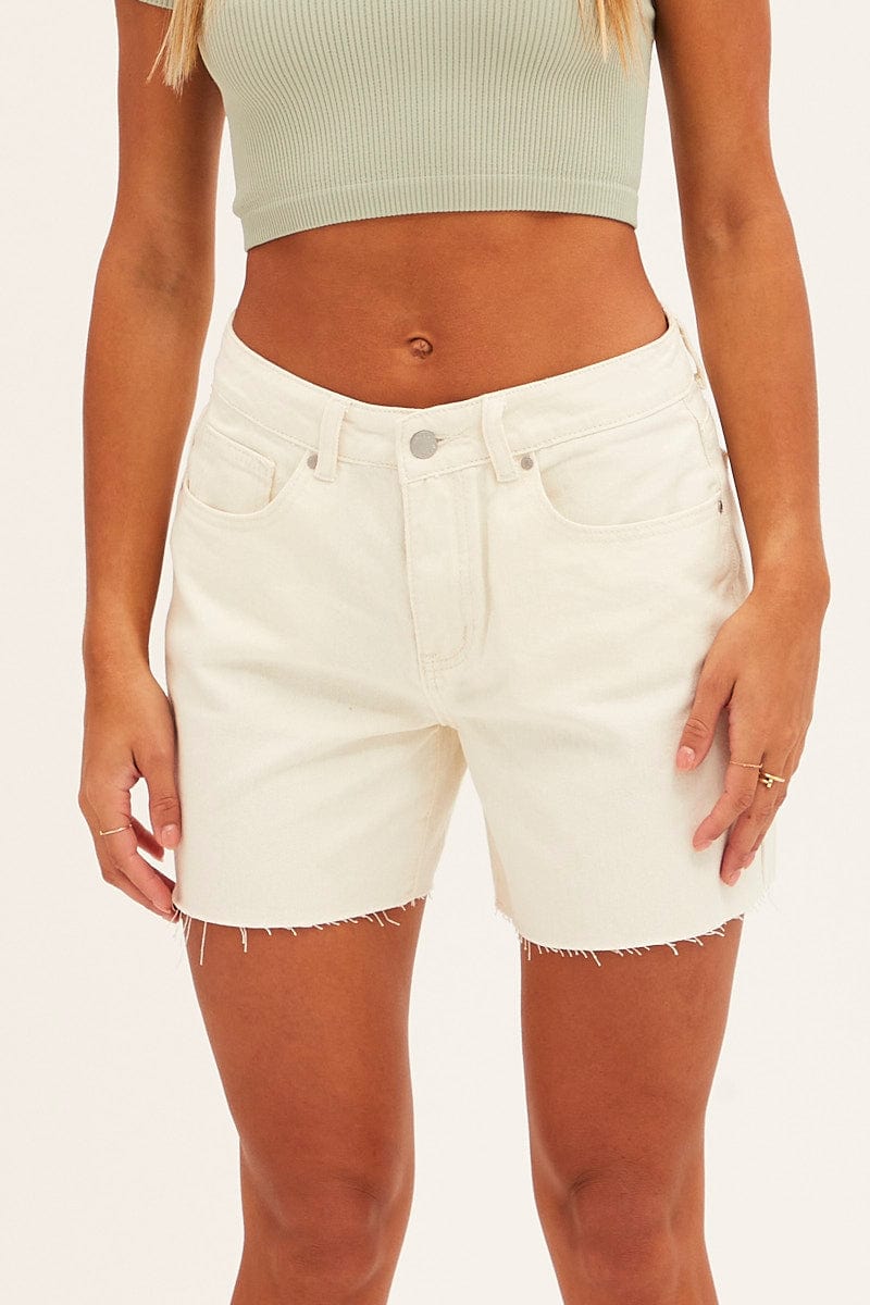 White Knee Length Denim Shorts High Rise