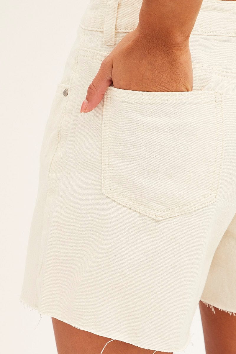 White Knee Length Denim Shorts High Rise