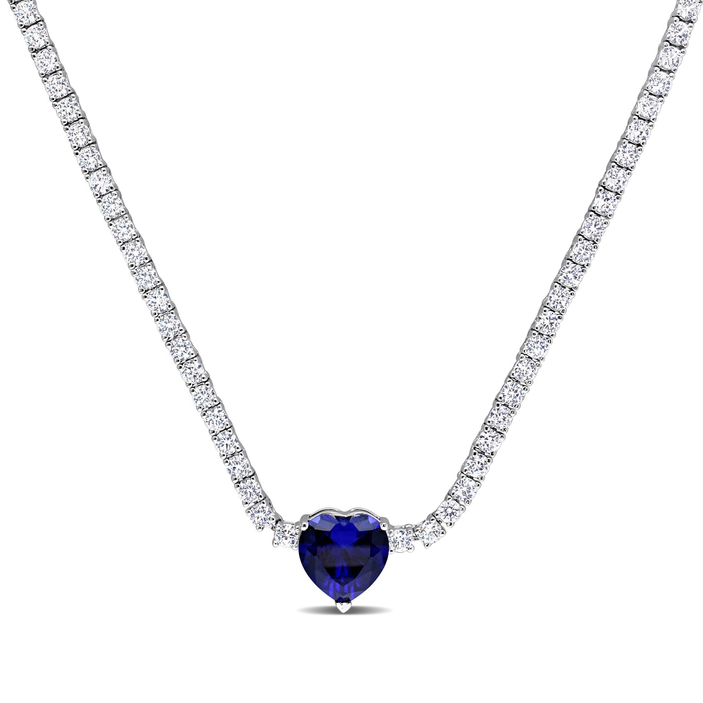 18 CT TGW Heart Shaped Created Blue Sapphire and Created White Sapphire Tennis Necklace in Sterling Silver